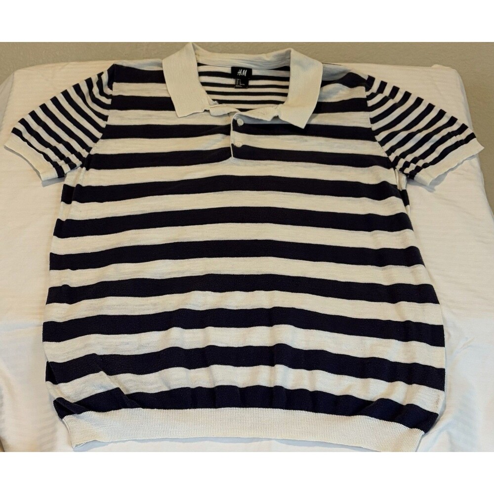 H&M Men’s Short-Sleeve Fine-Knit Polo Shirt, Navy & Cream Striped, Size L